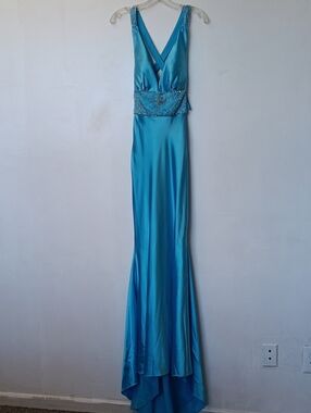 Mauri Simone Blue Satin V-Neck Beaded Waist Maxi Dress